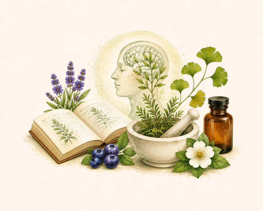 Illustration de cerveau stylisé entouré de feuilles de plantes